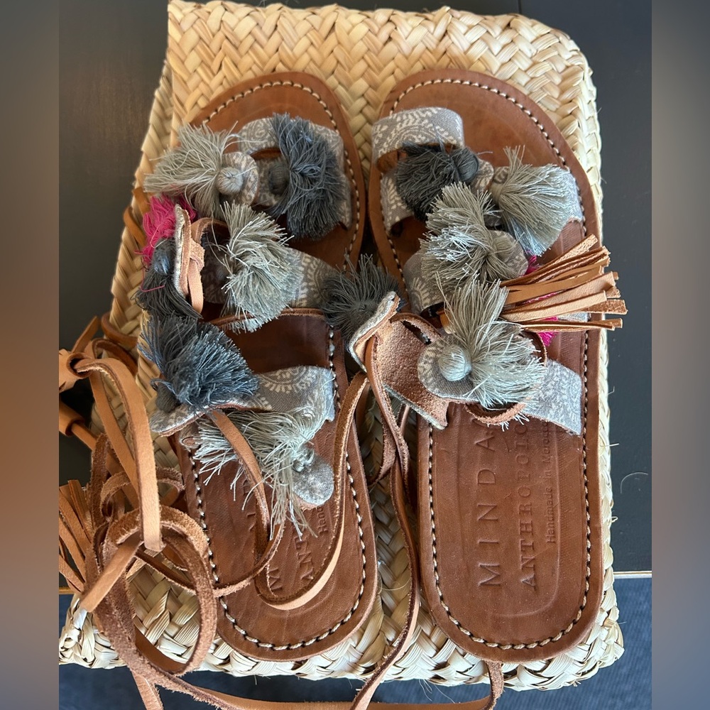 Anthropologie / Minda Tan Leather Sandals with Gray & Pink Tassels - Picture 1 of 5